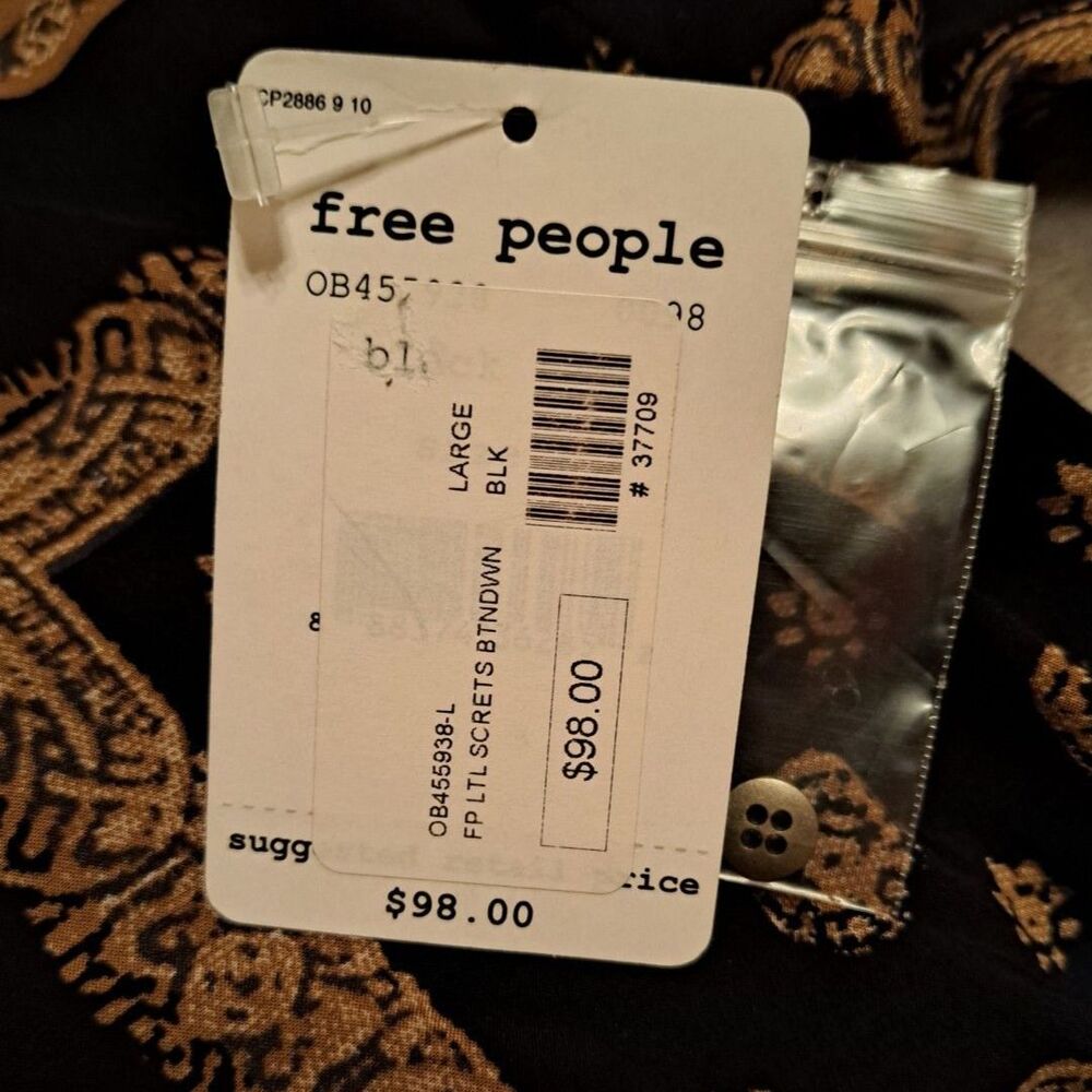 New Free People, Little Secrets Button Down Shirt in Black Combo Sz Large - Picture 9 of 11